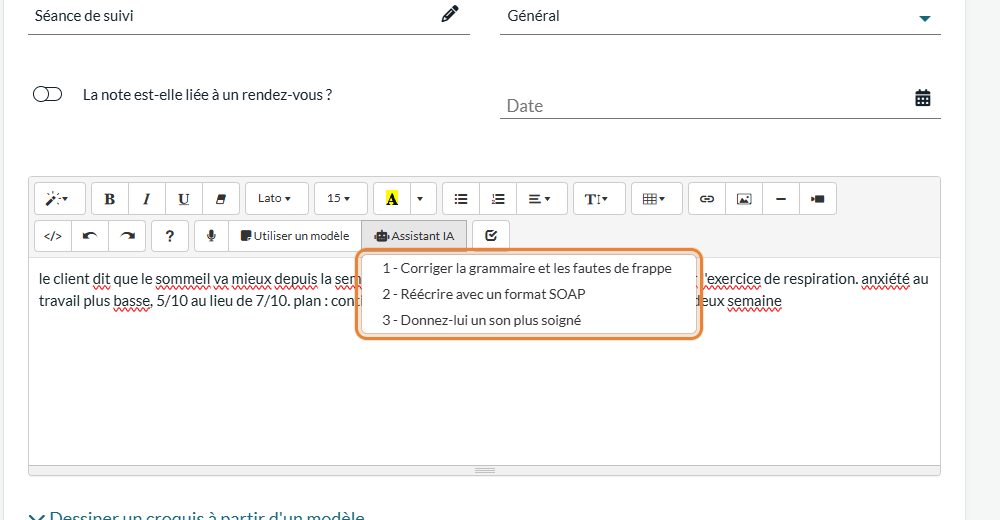 Menu Assistant IA de l'éditeur de notes avec ses trois options