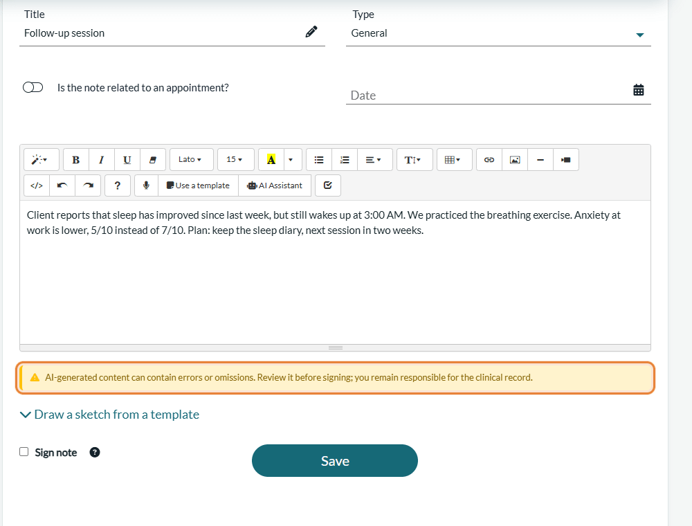 Note rewritten by the assistant, with the review warning under the editor