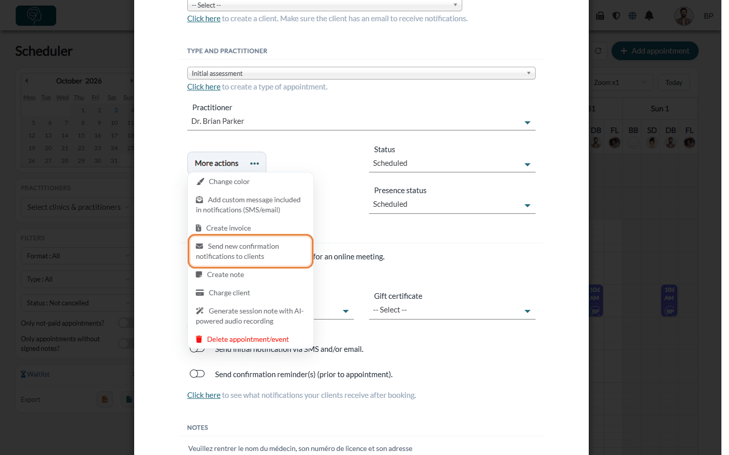 Send new confirmation notifications to clients in the More actions menu of an appointment