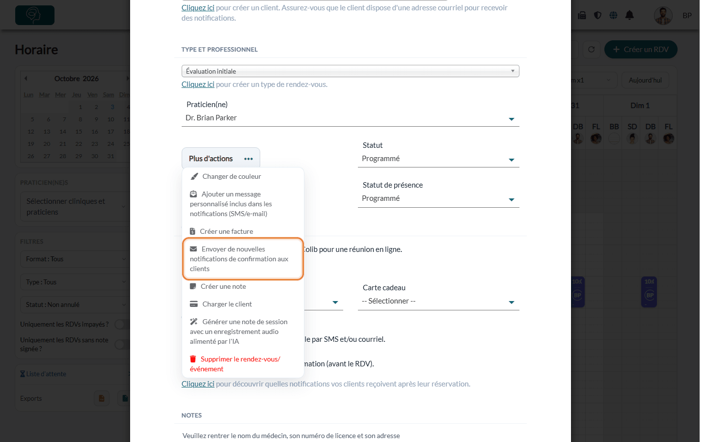 Envoyer de nouvelles notifications de confirmation aux clients dans le menu Plus d'actions d'un rendez-vous