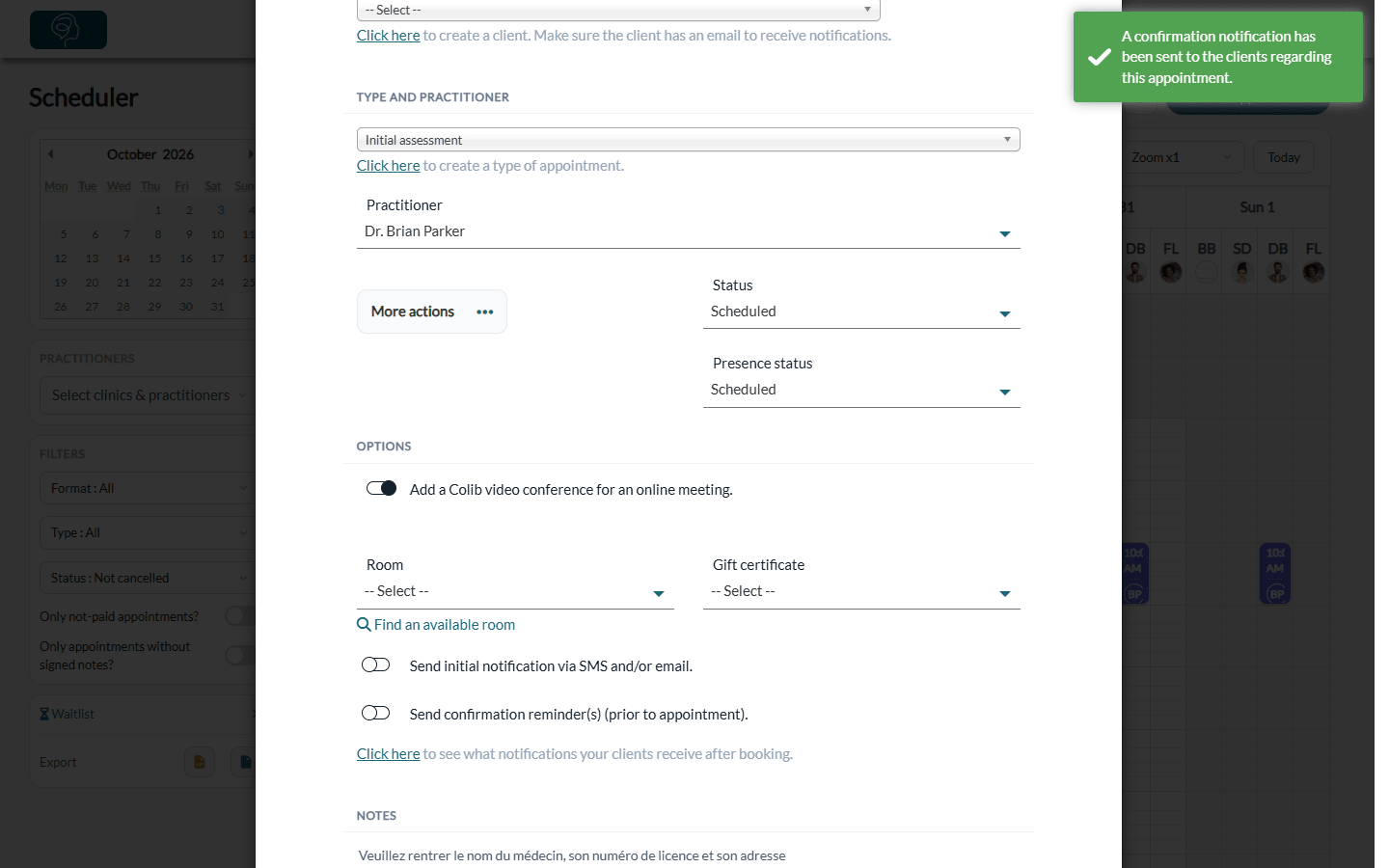 Message confirming that a confirmation notification has been sent to the clients