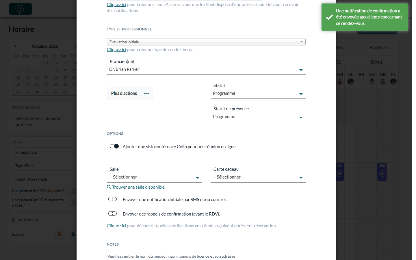 Message confirmant qu'une notification de confirmation a été envoyée aux clients