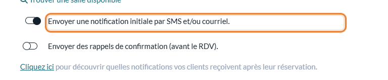 Option Envoyer une notification initiale par SMS et/ou courriel de la fenêtre du rendez-vous