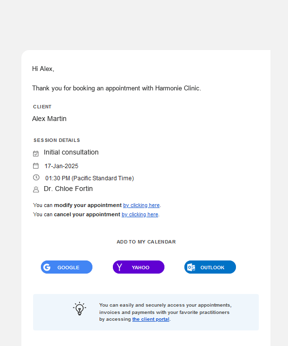 Example of a confirmation email received by a client