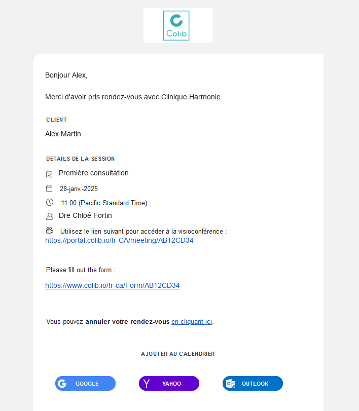 Exemple de courriel de confirmation de rendez-vous reçu par un client