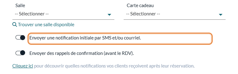 Option Envoyer une notification initiale par SMS et/ou courriel de la fenêtre du rendez-vous