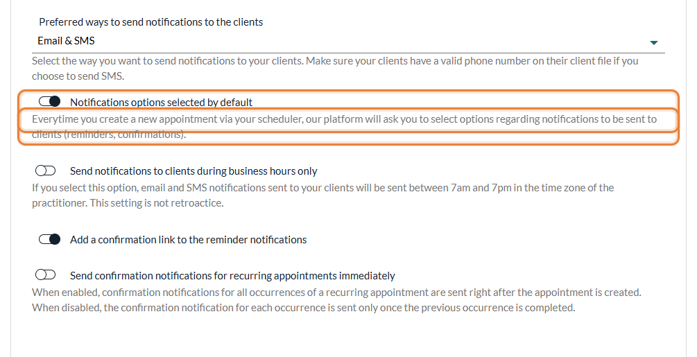 Notifications options selected by default in Settings > Scheduler > Client notifications