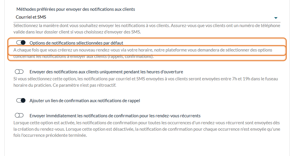 Options de notifications sélectionnées par défaut dans Réglages > Horaire > Notifications client