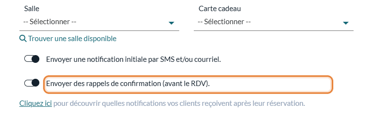 Option Envoyer des rappels de confirmation de la fenêtre du rendez-vous