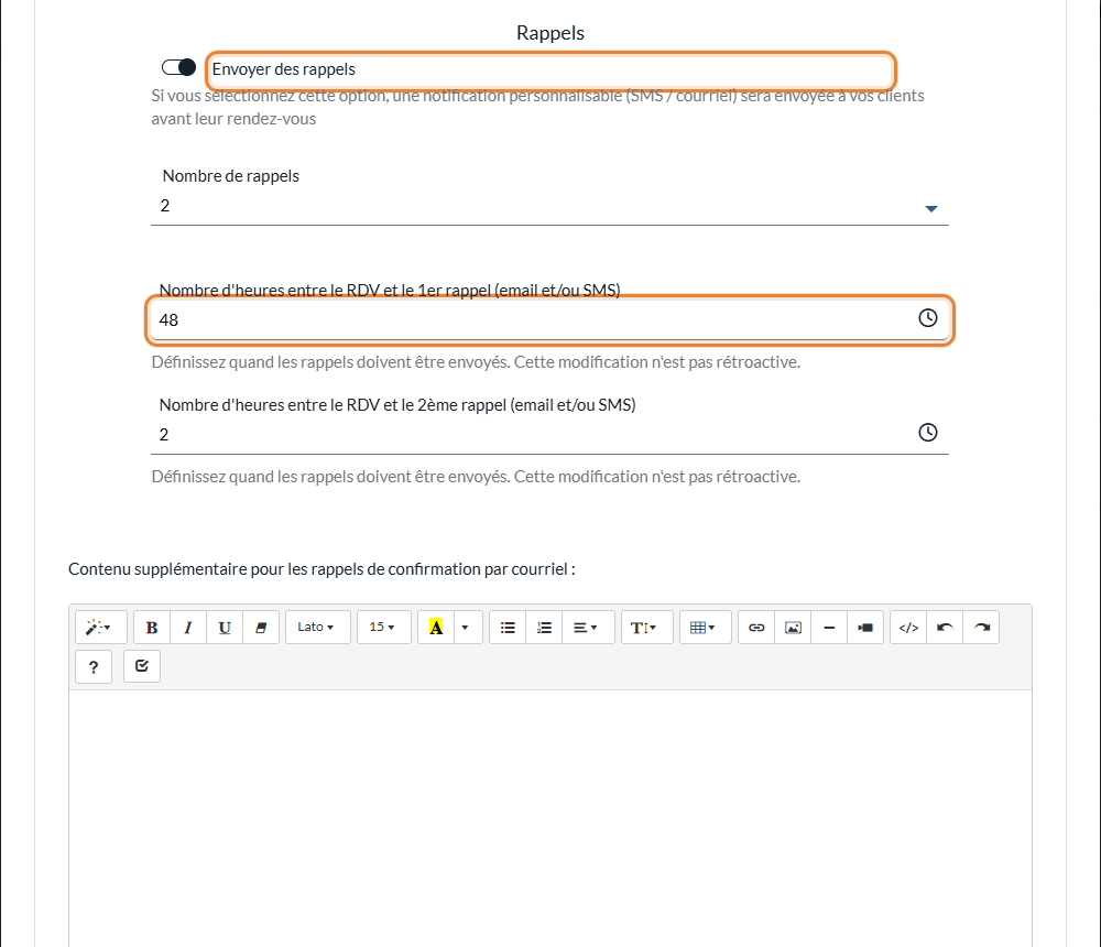Partie Rappels de la section Notifications d'un type de rendez-vous