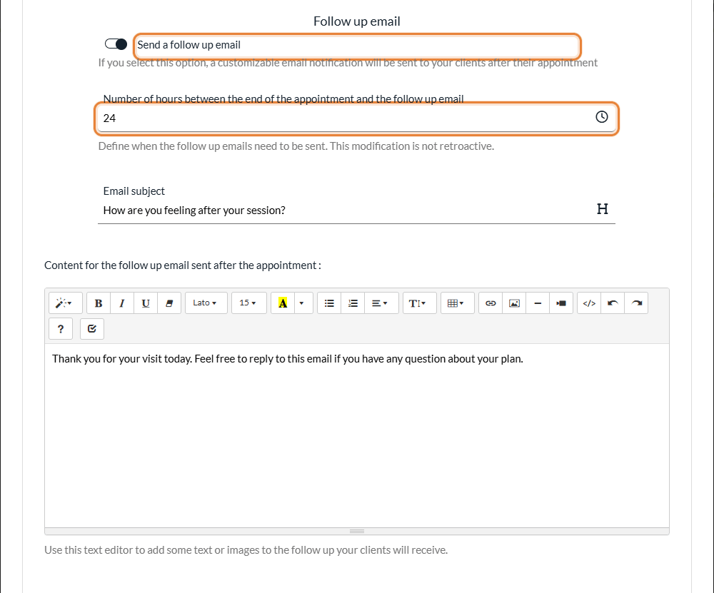 Follow up email part of the Notifications section of an appointment type