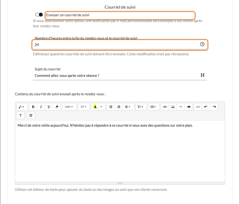Partie Courriel de suivi de la section Notifications d'un type de rendez-vous