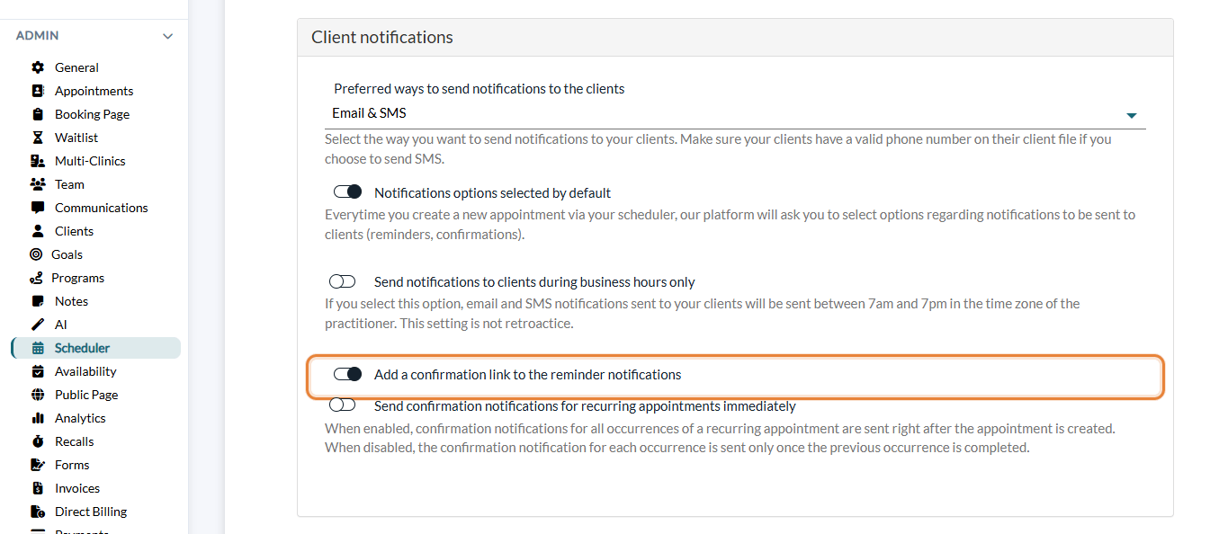 Add a confirmation link to the reminder notifications option in Settings > Scheduler