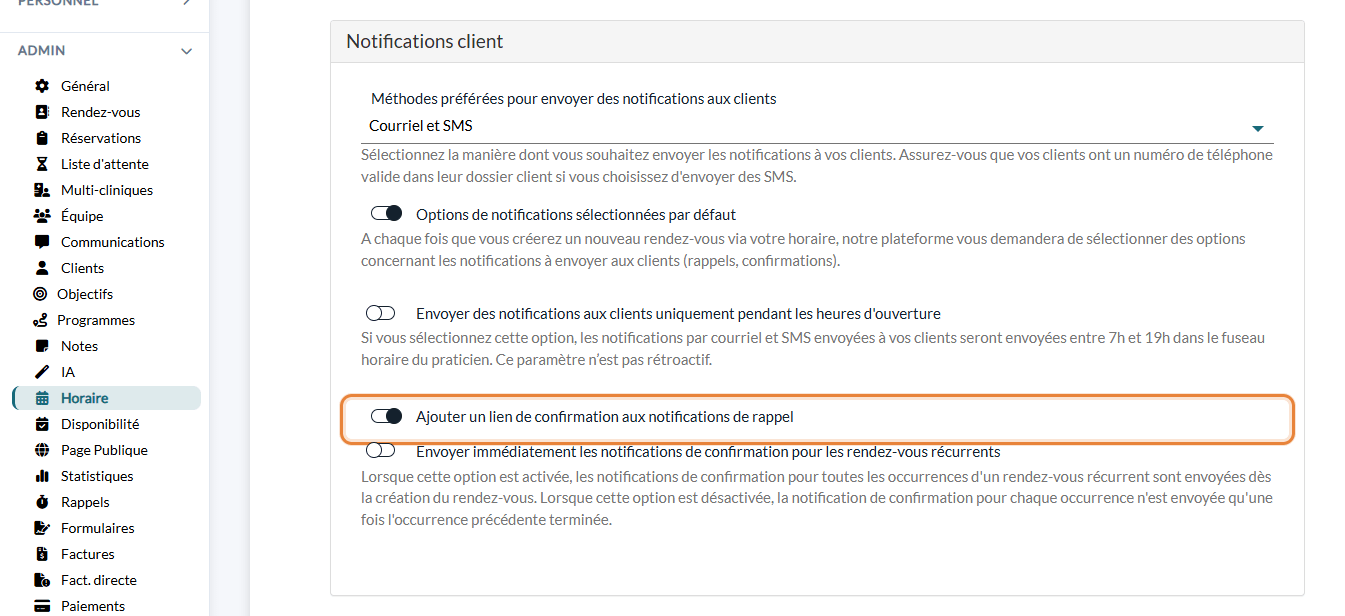 Option Ajouter un lien de confirmation aux notifications de rappel dans Réglages > Horaire