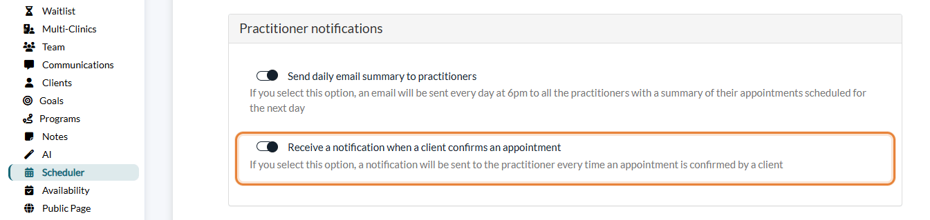 Receive a notification when a client confirms an appointment option in Settings > Scheduler