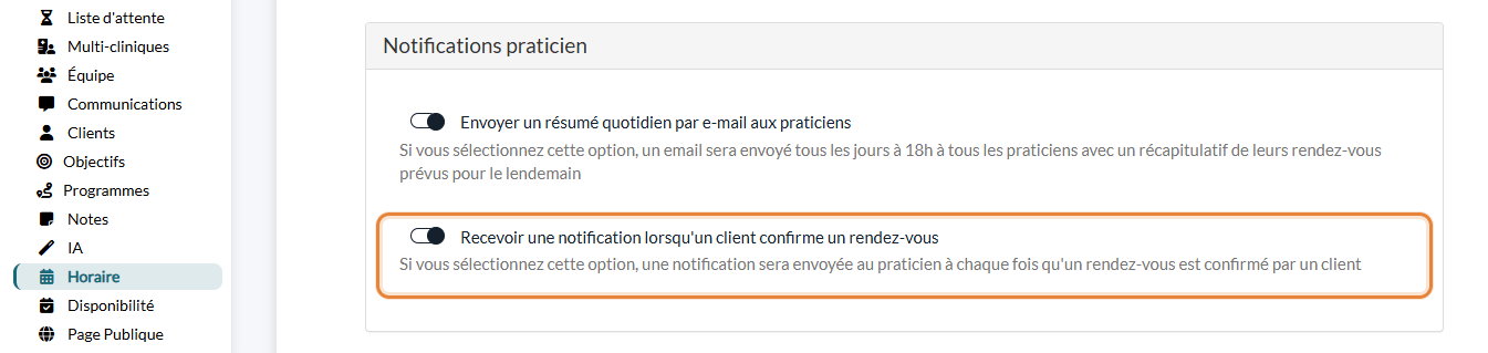 Option Recevoir une notification lorsqu'un client confirme un rendez-vous dans Réglages > Horaire