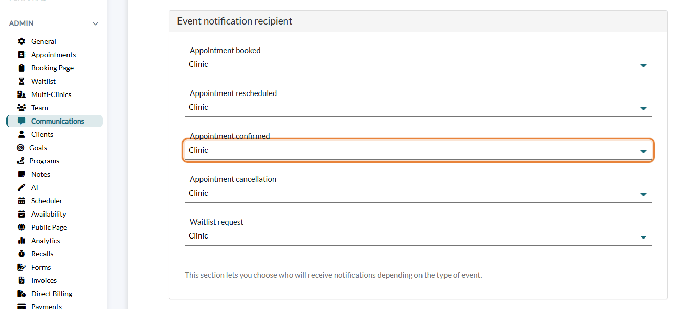Appointment confirmed list in the Event notification recipient section of Settings > Communications