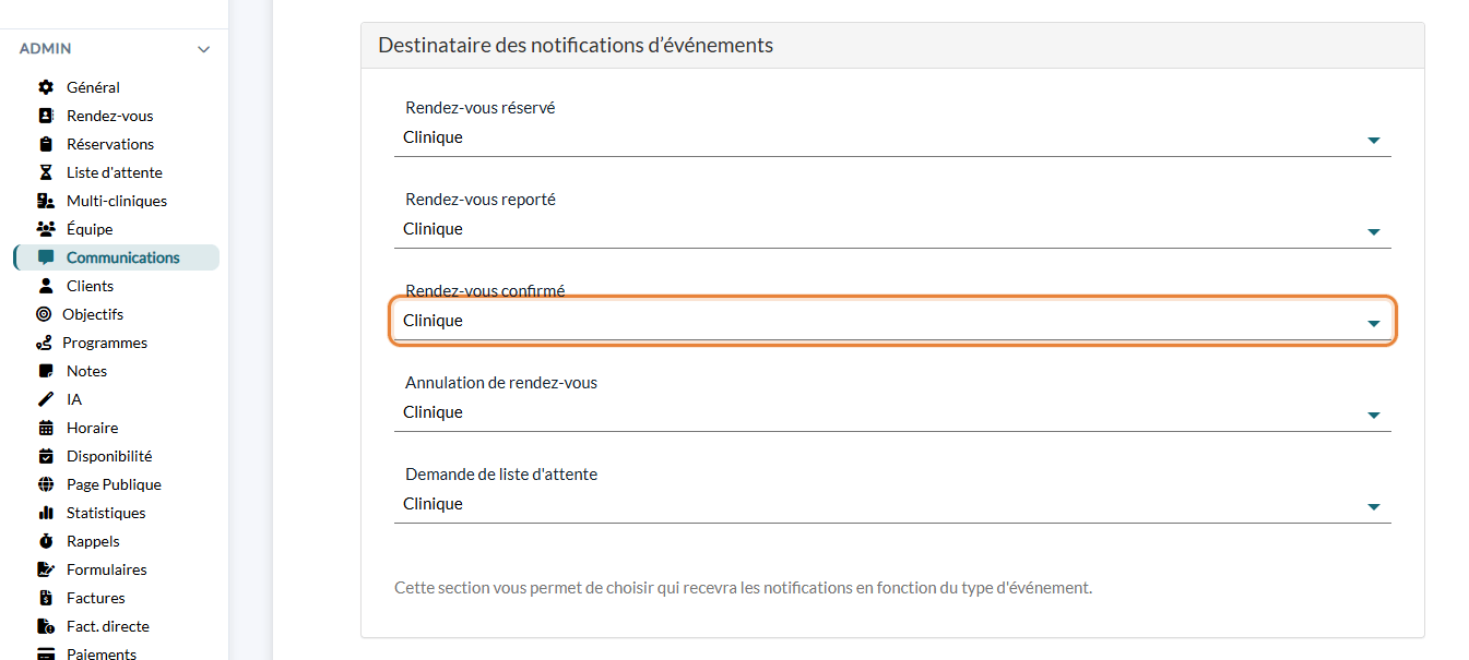 Liste Rendez-vous confirmé de la section Destinataire des notifications d'événements dans Réglages > Communications