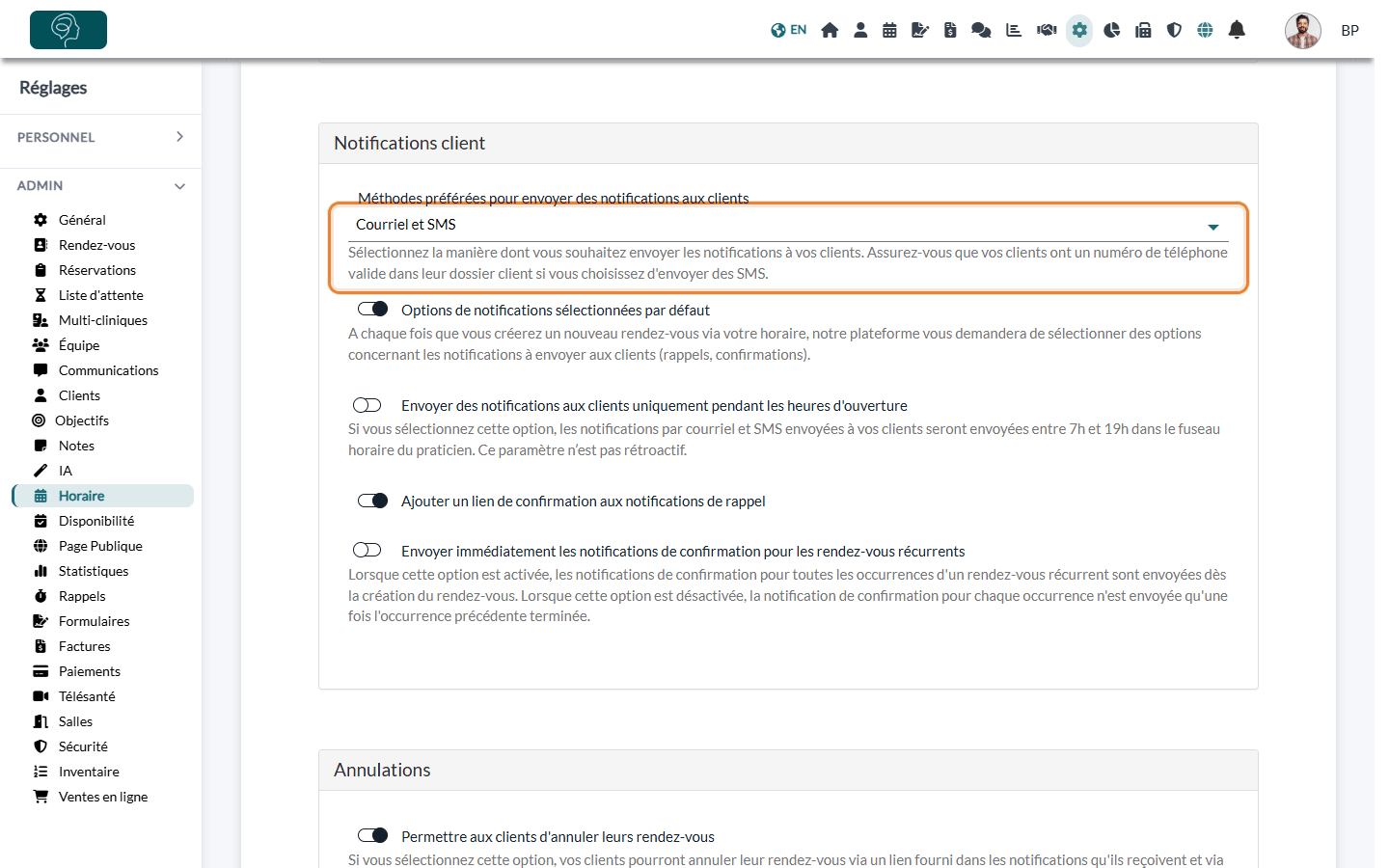Liste Méthodes préférées pour envoyer des notifications aux clients dans Réglages > Horaire > Notifications client