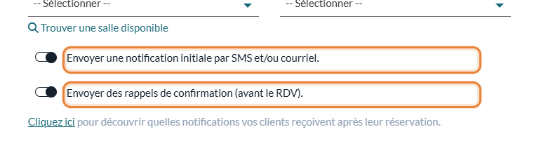 Options de notification dans la fenêtre du rendez-vous