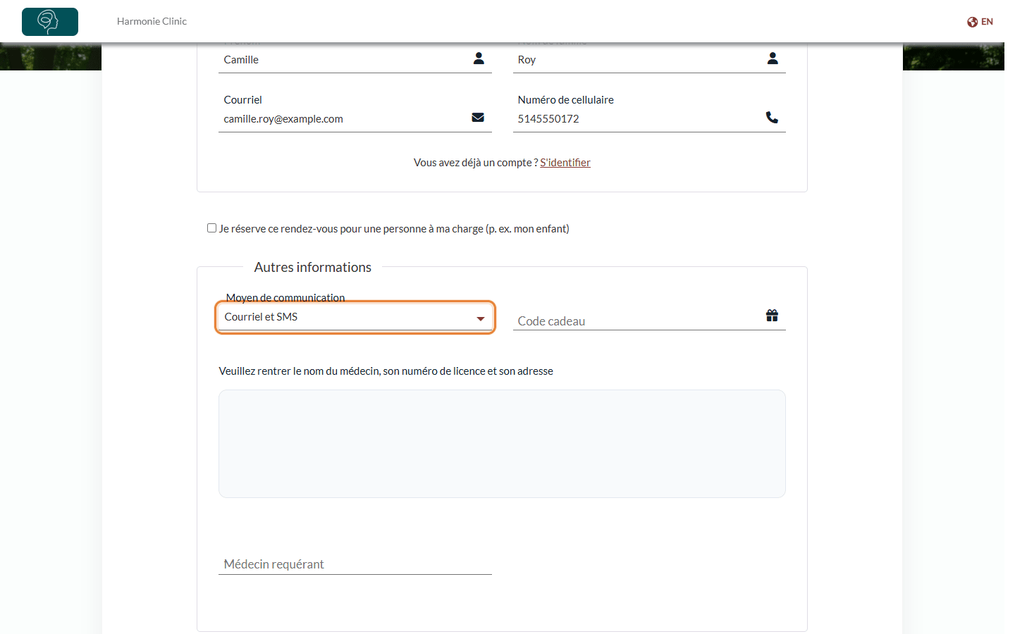 Liste Moyen de communication à la première étape de la page de réservation
