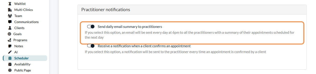 Send daily email summary to practitioners option in Settings > Scheduler