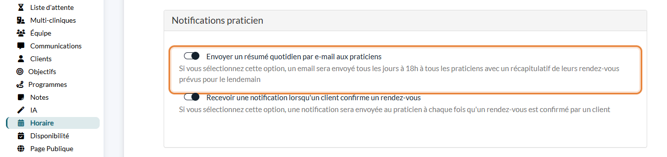 Option Envoyer un résumé quotidien par e-mail aux praticiens dans Réglages > Horaire