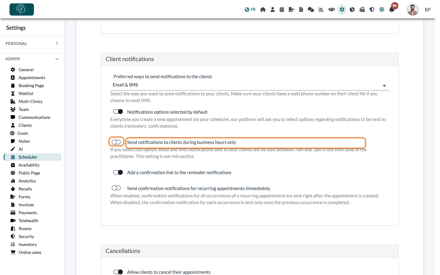 Send notifications to clients during business hours only option in Settings > Scheduler > Client notifications