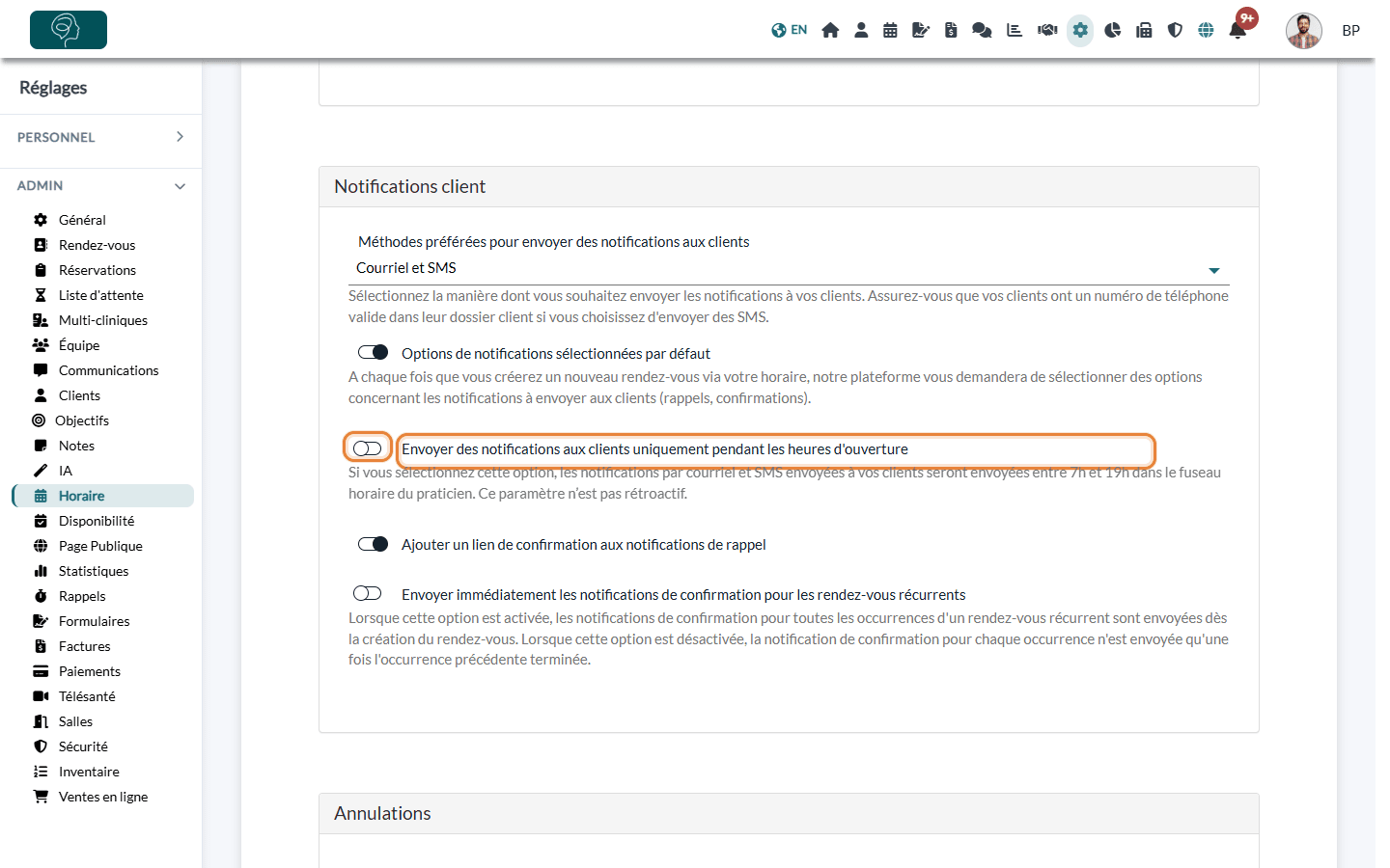 Option Envoyer des notifications aux clients uniquement pendant les heures d'ouverture dans Réglages > Horaire > Notifications client