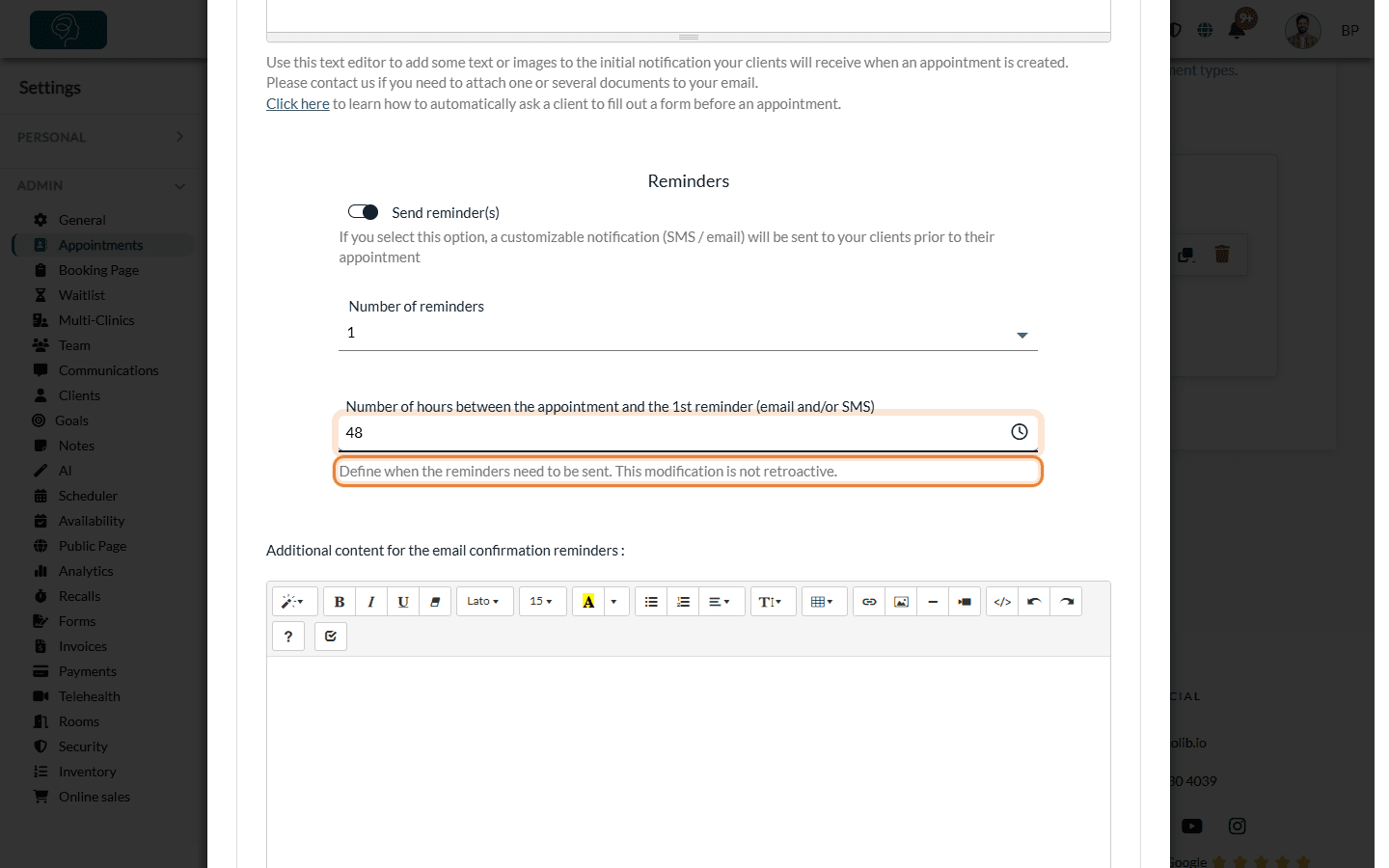 Reminder delay of an appointment type with the hint This modification is not retroactive