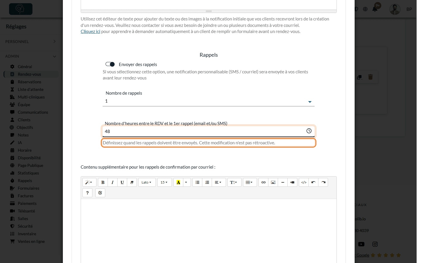 Délai du rappel d'un type de rendez-vous avec l'indication Cette modification n'est pas rétroactive