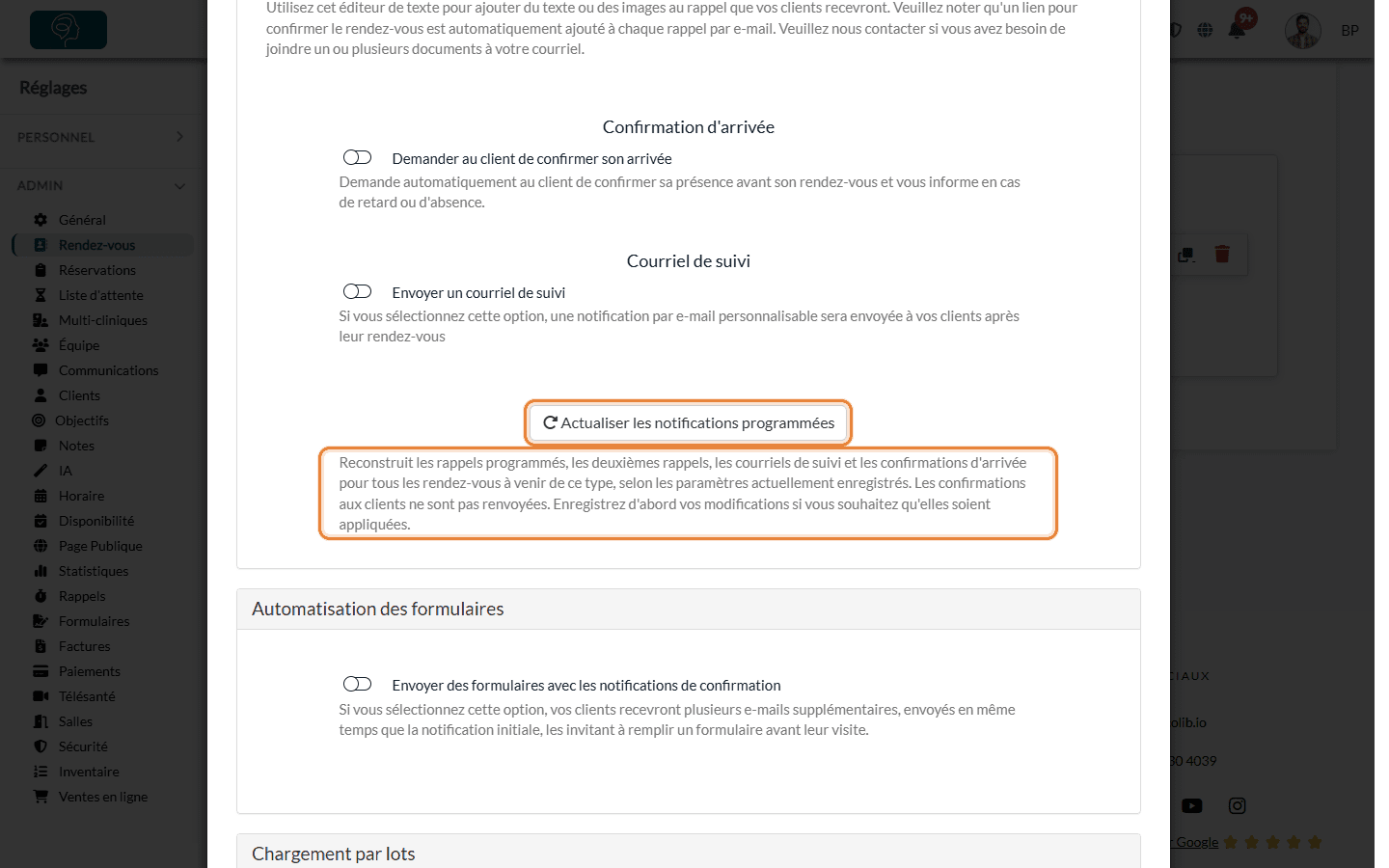 Bouton Actualiser les notifications programmées au bas de la section Notifications