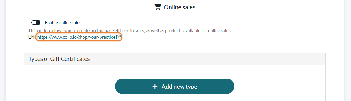 Enable online sales option and URL of the online store