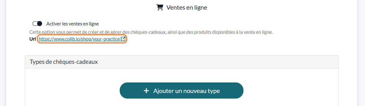 Option Activer les ventes en ligne et Url du magasin en ligne