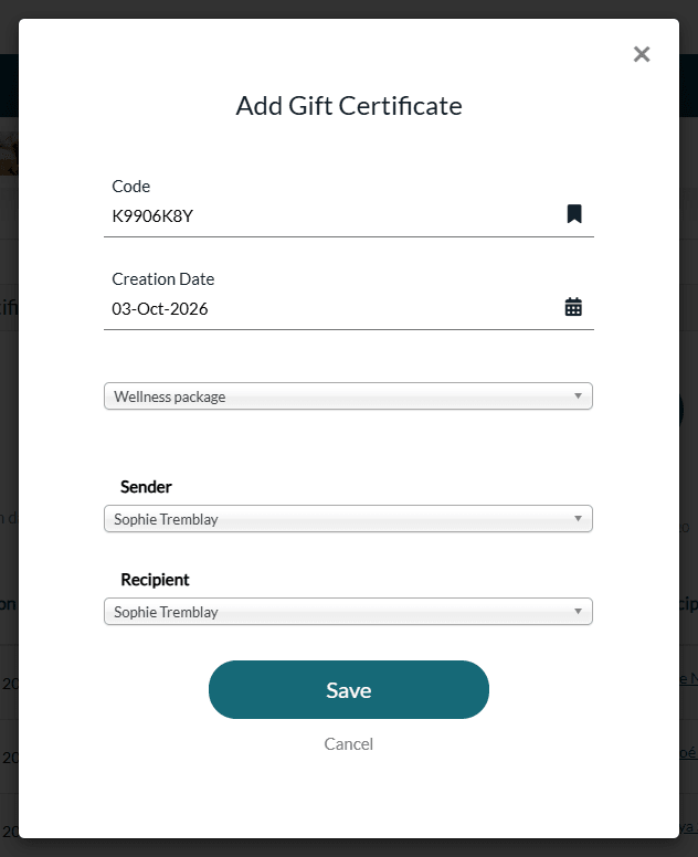 Add Gift Certificate window with the code, the date, the type, the sender and the recipient