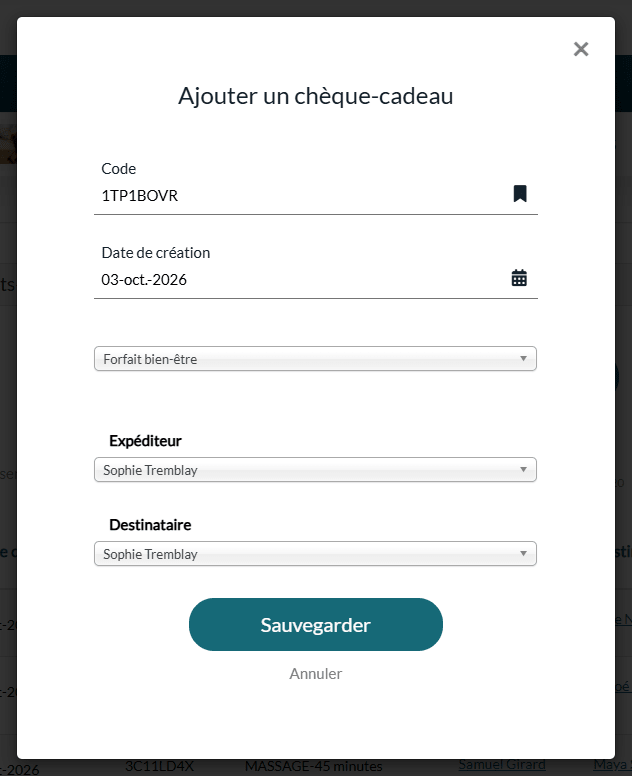 Fenêtre Ajouter un chèque-cadeau avec le code, la date, le type, l'expéditeur et le destinataire
