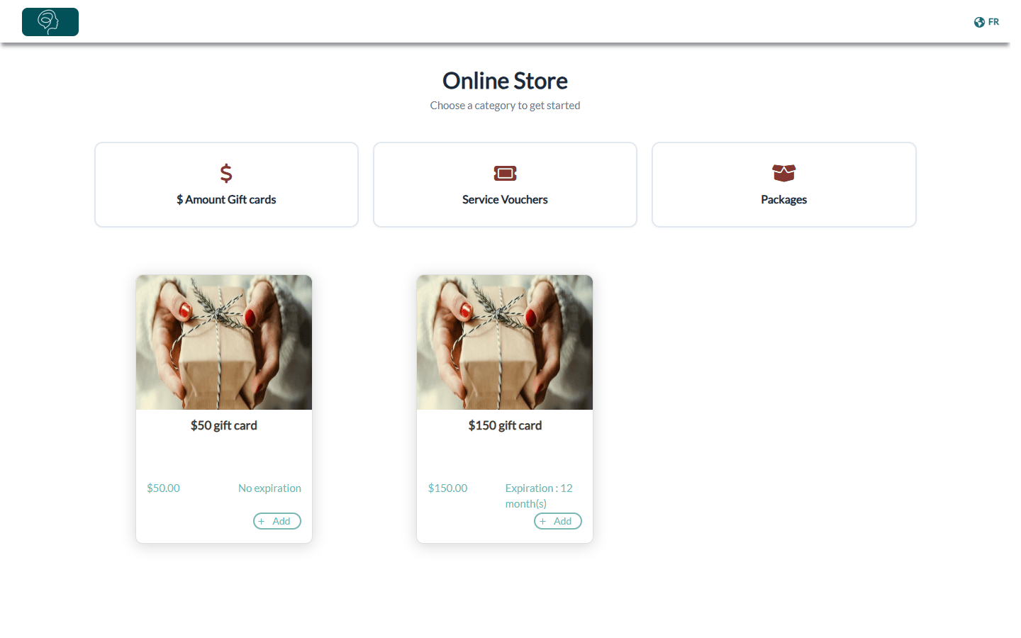 Online store of the practice with its categories and gift cards