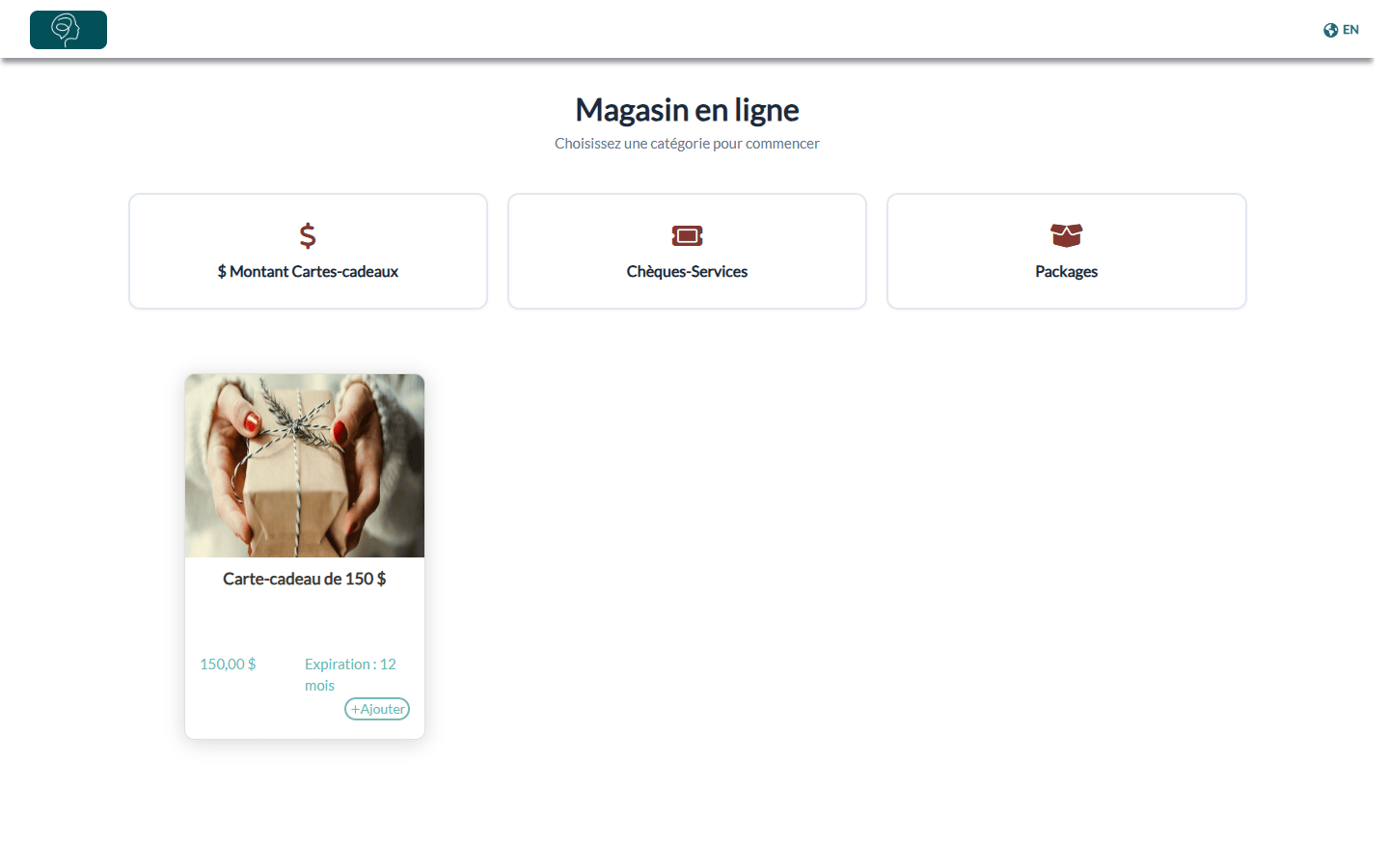 Magasin en ligne de la pratique avec ses catégories et ses cartes-cadeaux