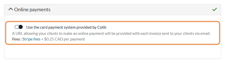 Online payments section in Settings > Payments with the switch Use the card payment system provided by Colib