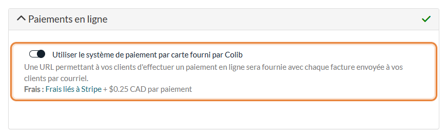 Section Paiements en ligne de Réglages > Paiements avec le bouton Utiliser le système de paiement par carte fourni par Colib