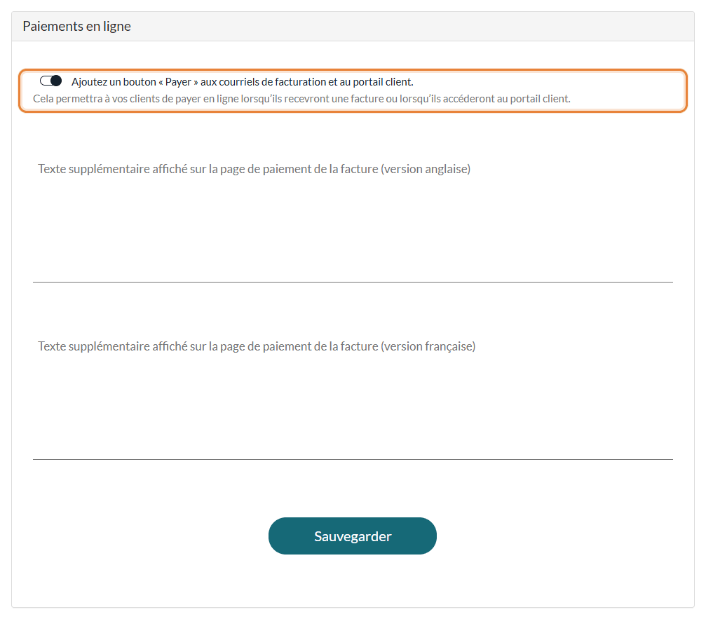 Section Paiements en ligne de Réglages > Factures avec l'option d'ajout du bouton Payer aux courriels de facturation et au portail client