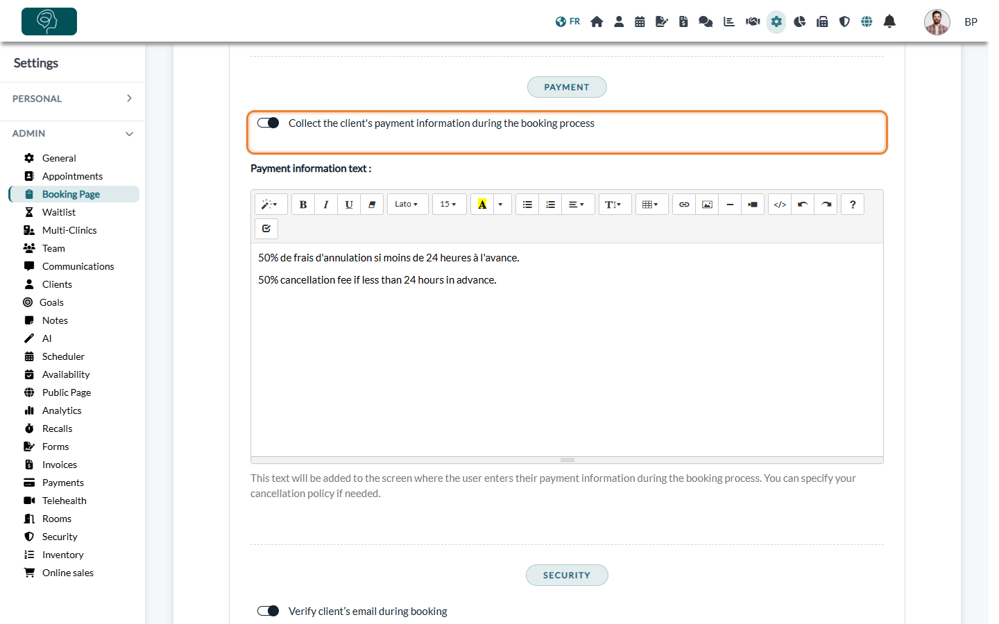 Payment part of Settings > Booking Page with the option Collect the client's payment information during the booking process