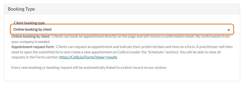 Booking Type section of Settings > Booking Page with Online booking by client selected