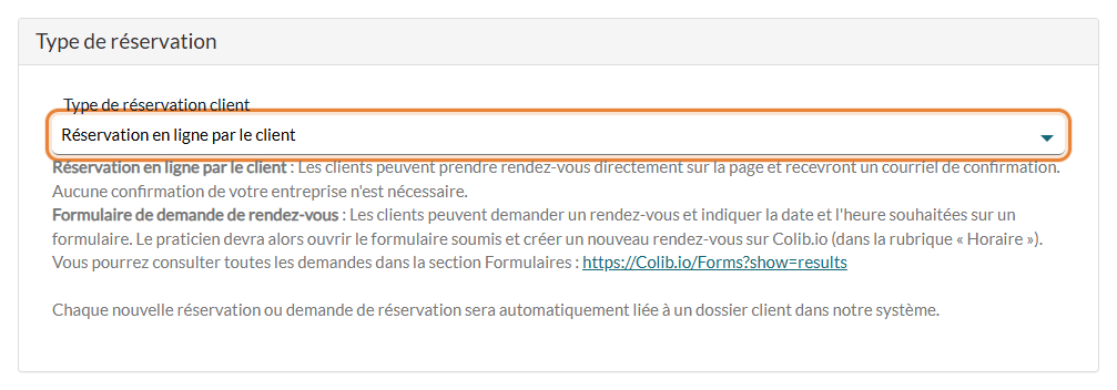 Section Type de réservation de Réglages > Réservations avec Réservation en ligne par le client sélectionné
