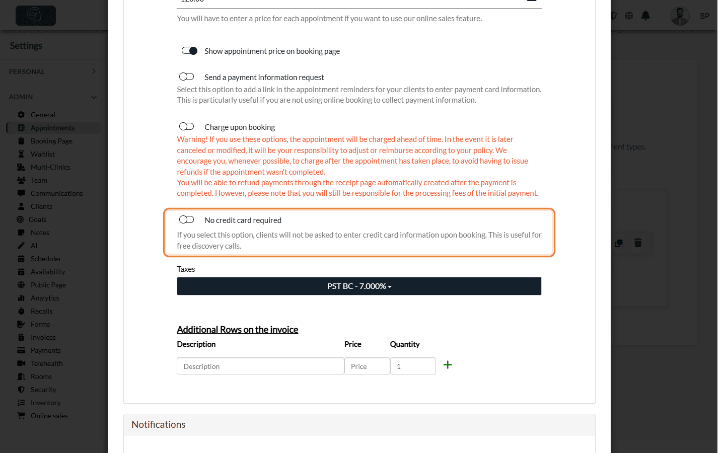 Invoicing section of an appointment type with the option No credit card required
