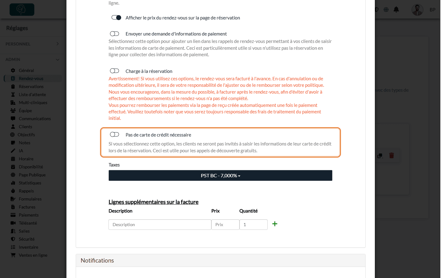 Section Facturation d'un type de rendez-vous avec l'option Pas de carte de crédit nécessaire