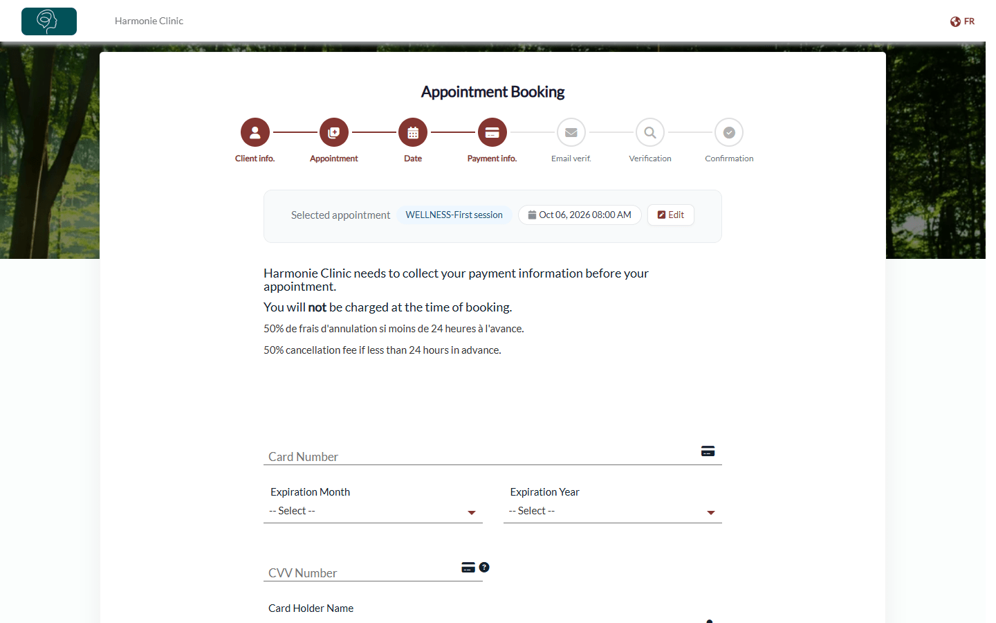 Payment info. step of the online booking page, where the client enters a card