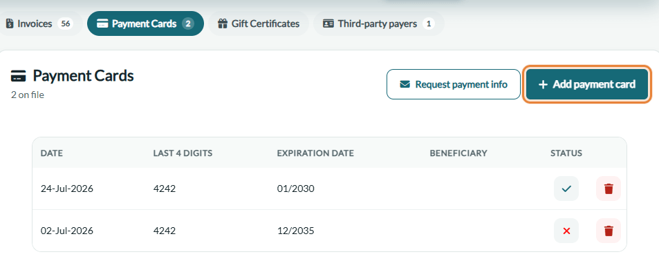 Payment Cards section of the Billing tab of a client record, with the Add payment card button