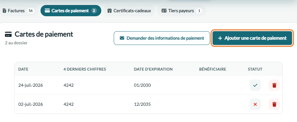 Section Cartes de paiement de l'onglet Facturation d'un dossier client, avec le bouton Ajouter une carte de paiement