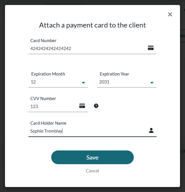 Attach a payment card to the client window with the card fields filled in with a test card